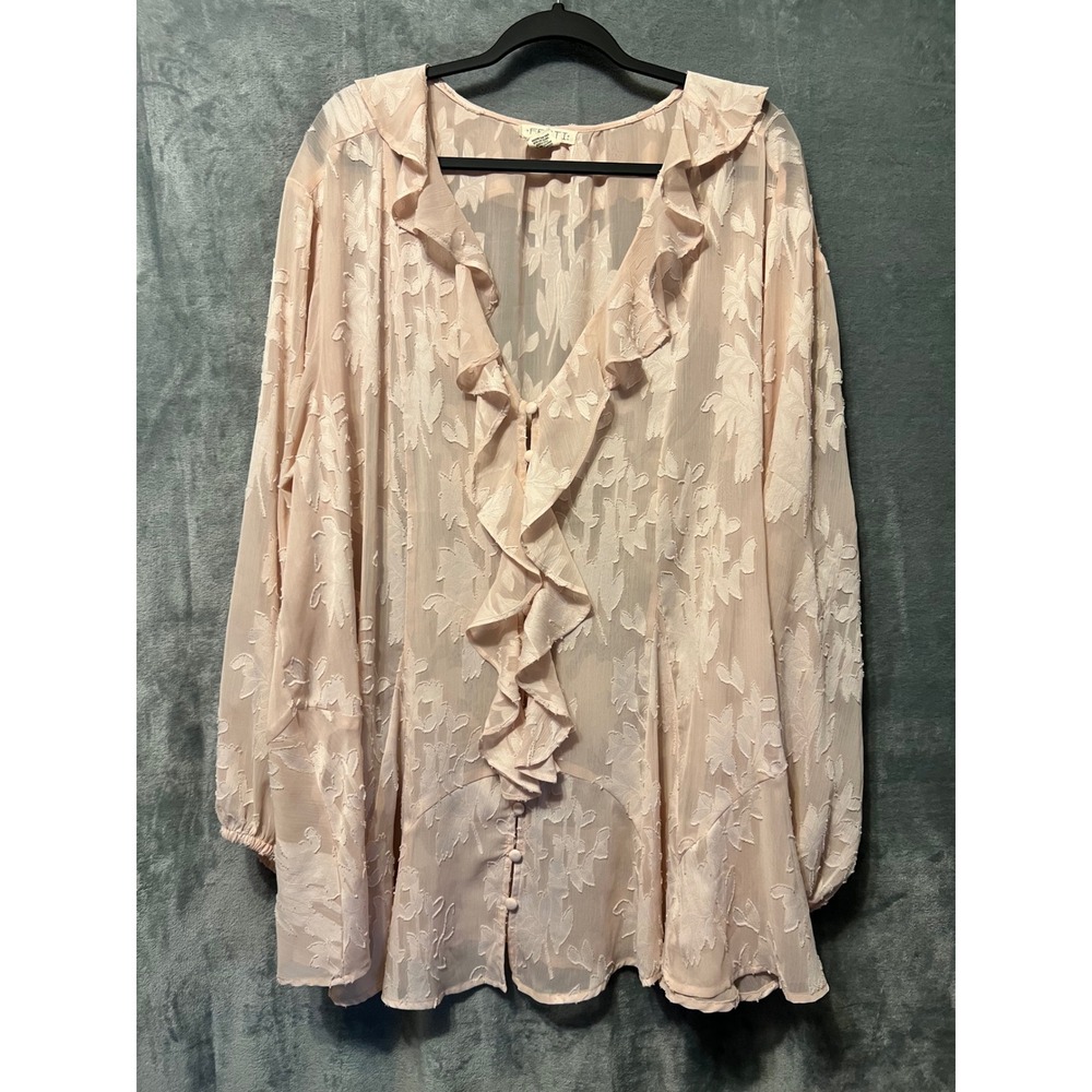 Festi Blouse Cottagecore 1 Sheer Floral Ruffle Button Boho Top Romantic Pink